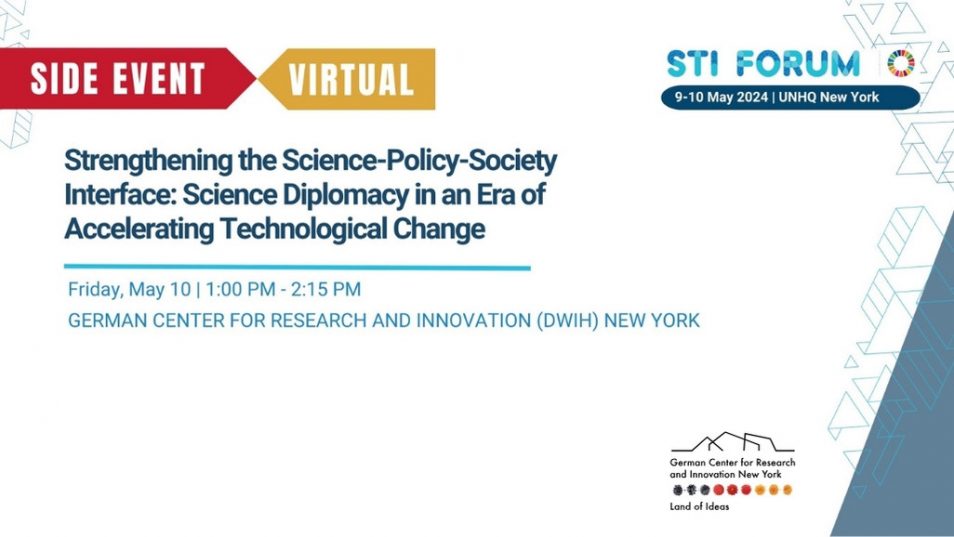 Event Poster "Strengthening the Science-Policy-Society Intersface: Science Diplomacy in an Era of Accelerating Technological Change" May 10, 2024