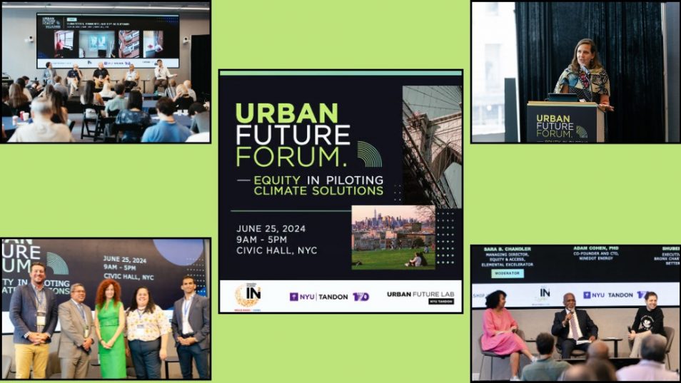 5 image collage from the Urban Future Forum including 4 event photos and 1 event poster.
